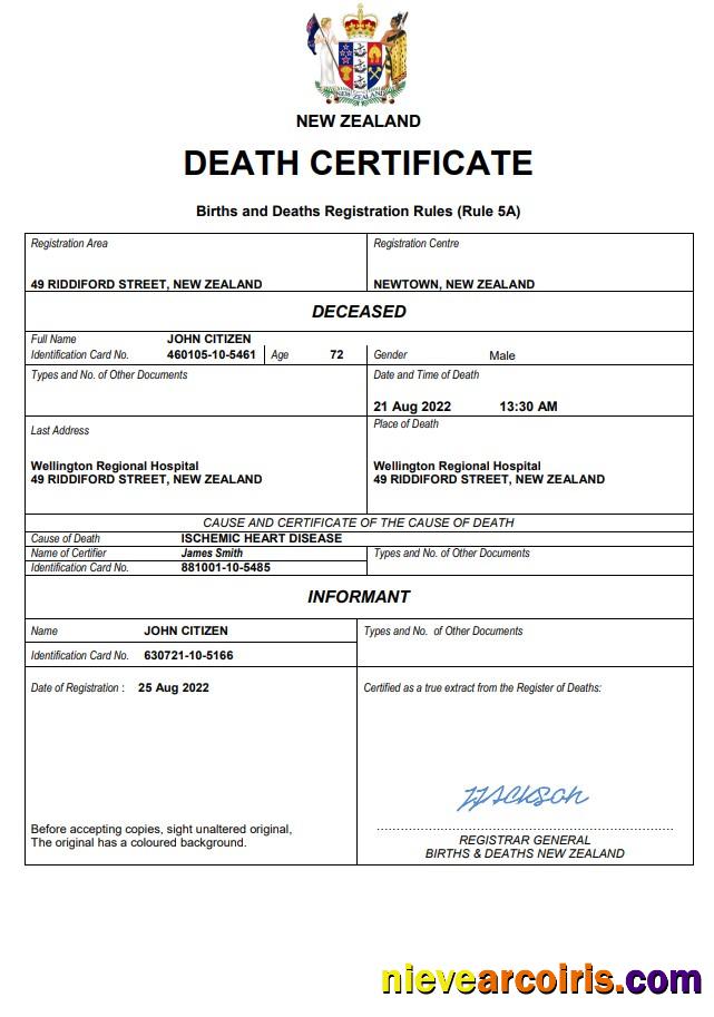 New Zealand death certificate